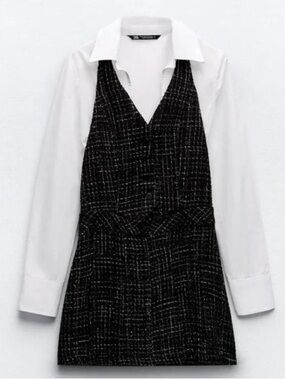 Zara Contrasting Textured Tweed Pinafore Plaid Pleated 2 in 1 Mini Dress Small